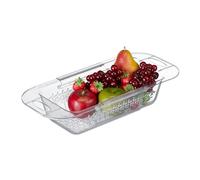 Relaxdays Colador Extensible para Fregadero, 43,5 a 57 cm, para Enganchar, Escurridor Plástico de Cocina, Transparente, 9 x 57 x 20 cm