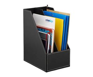 Relaxdays Colector de pie Archivador Piel Sintética, Organizador Carpetas, Revistero 2 Compartimentos, DIN A4 a C4, 35x18x26,5 cm, Negro, Poliéster, 35 x 18 x 26,5 cm