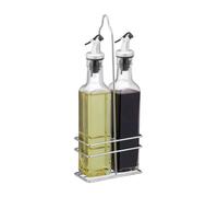 Relaxdays Combo aceitera vinagrera, 2 en 1, Cristalería, Menaje de cocina, Con soporte, 2 x 250 ml, 1 Set, Transparente