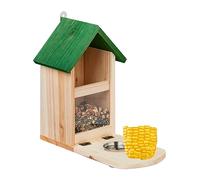 Relaxdays Comedero Ardillas Madera, Bebedero y Soporte para Mazorcas, con Techo, Plataforma para Sentarse, Natural/Verde, 28 x 17 x 28,8 cm