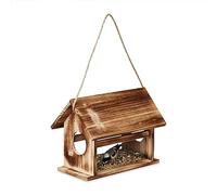 Relaxdays Comedero de Pájaros de Madera Quemada, Colgante, Marrón | Dispensador Alimentos, Aves Silvestres, 24x30x21 cm