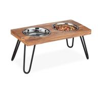 Relaxdays Comedero Elevado para Perro, Soporte Alto de Madera Acacia, 23x49,5x25 cm, 2 Cuencos de Comida 1200 ml, Marrón