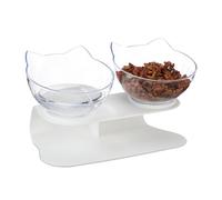 Relaxdays Comedero Doble para Gatos, 2 Platos, 500ml, 16x27,5x13,5 cm, Set de Bebederos Elevados, Blanco/Transparente