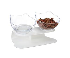 Relaxdays Comedero Doble para Gatos, 2 Platos, 500ml, 16x27,5x13,5 cm, Set de Bebederos Elevados, Blanco/Transparente