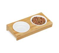 Relaxdays Comedero Doble, Gatos y Perros, 2 Platos Cerámica, 200 ml, Aptos Lavavajillas, Soporte Bambú, Natural/Blanco