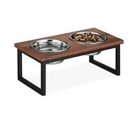 Relaxdays Comedero Elevado para Perro, Soporte Alto de Madera Mango, 16,5x42x21cm, 2 Cuencos Acero INOX. 1000ml, Marrón
