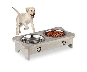 Relaxdays Comedero Elevado Perro, Soporte con Huellitas, 2 Cuencos Comida 750ml, Madera Mango y Acero Inoxidable, Gris
