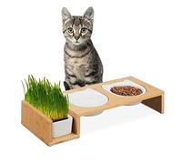 Relaxdays Comedero Gatos con Cuenco de Hierba, 2 Platos de Cerámica de 400 ml, Apto para Lavavajillas, Natural/Blanco, Bambú, 8,5 x 47,5 x 19 cm