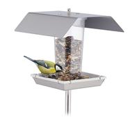 Relaxdays Comedero Pájaros Acero Inoxidable, Alimentador Aves Silvestres, con Estaca y Cuerda para Colgar, Plateado