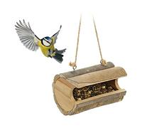 Relaxdays Comedero Pájaros Colgante, Madera con Corteza, Marrón Natural | Dispensador Comida Aves Pequeñas, 12x18x12,5 cm