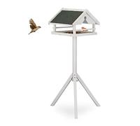 Relaxdays Comedero Pájaros con Soporte, Techo Resistente a Intemperie, Casa Alimentación, Madera, 120x62x55 cm, Blanco