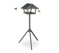Relaxdays Comedero Pájaros con Trípode, Casa Aves, Alimentador Gorriones de Pie, 139x70x60cm, Tejado, Madera, Gris/Verde