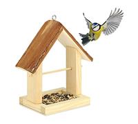 Relaxdays Comedero Pájaros Madera, Casa Alimentación Aves, Colgante, 27x23x13 cm, con Techo y Corteza, Marrón Natural
