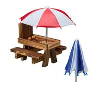 Relaxdays Comedero para Ardillas con Mesa, Banco Roedores con 2 Sombrillas, Mesita Pícnic para Colgar, Marrón Oscuro, 30% poliéster 60% Madera 10% Hierro, 29 x 28 x 28 cm