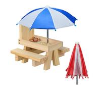 Relaxdays Comedero para Ardillas con Mesa, Banco Roedores con 2 Sombrillas, Mesita Pícnic para Colgar, Marrón Claro, 60% Madera 10% Hierro 30% poliéster, 29 x 28 x 28 cm