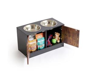 Relaxdays comedero para Perro Elevado, 2 Cuencos, Negro/marrón | almacenamiento, 35,5 x 60 x 30 cm, MDF, acero inoxidable