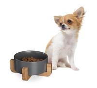 Relaxdays Comedero Perro Cerámica, 850 ml, Cuenco Apto Pienso, Comida, Agua, Base Bambú, 9x20x20 cm, Gris