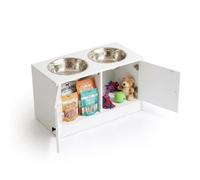 Relaxdays comedero para Perros, 2 Cuencos, con almacenaje, 35,5 x 60 x 30 cm, Base elevada, MDF Acero Inoxidable, Blanco