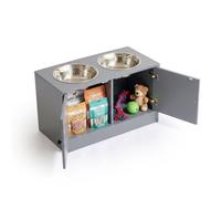 Relaxdays comedero para Perros, 2 Cuencos, con almacenaje, Soporte Elevado, 35,5 x 60 x 30 cm, MDF, Acero INOX., Gris