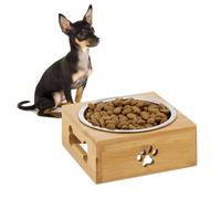Relaxdays Comedero para Perros, 400 ml, para Alimento y Agua, Soporte de Bambú, 6 x 14,5 x 14,5 cm, Plateado/Natural