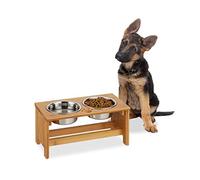 Relaxdays Comedero Perro, Soporte 2 Cuencos, 700 ml, Acero Inoxidable-Bambú, 1 Ud, 18,5 x 40 x 20,5 cm, Plateado-Marrón, 18.5 x 40 x 20.5 cm