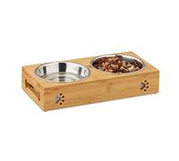 Relaxdays Comedero Perro, Soporte con 2 Cuencos, 300 ml, Acero Inoxidable-Bambú, 1 Ud., 6,5x31,5x15 cm, Plateado-Marrón