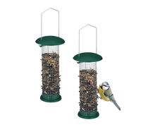 Relaxdays Vogelfutterstation 2er Zum Aufhängen Comederos Aves Set 2 Colgantes, Dispensadores Alimento Pájaros Silvestres, 31 x 10 cm, Metal, Plateado y Verde, Hierro, 31 x 10 x 10 cm