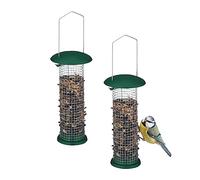 Relaxdays Comederos Aves Set 2 Colgantes, Dispensadores Alimento Pájaros Silvestres, 31 x 10 cm, Metal, Plateado y Verde