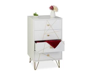 Relaxdays Cómoda, 86 x 48 x 39 cm, 4 Cajones, MDF, Hierro, Dormitorio y Salón, Pasillo, Armario Auxiliar, Blanco/Dorado