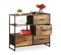 Relaxdays Cómoda 4 Cajones 2 Baldas, Tela, Metal, Efecto Madera, Estilo Industrial, Marrón y Negro, Tablero de Fibras, 71,5 x 84 x 32,5 cm Aprox