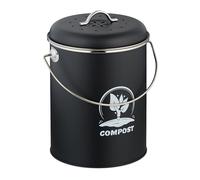 Relaxdays 5 Compostera Cocina 5,5 L, Cubo Compostaje Pequeño, Basura Orgánica, con Tapa y Filtro Olores, Metal, Negro
