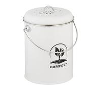 Relaxdays 5 Compostera Cocina 5,5 L, Cubo Compostaje Pequeño, Basura Orgánica, con Tapa y Filtro Olores, Metal, Blanco