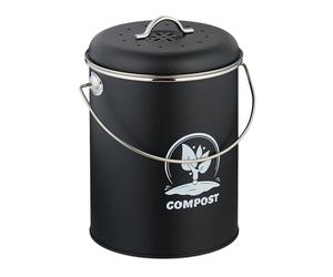 Relaxdays Compostera Cocina 5,5 L, Cubo Compostaje Pequeño, Basura Orgánica, con Tapa y Filtro Olores, Metal, Negro