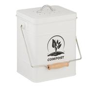 Relaxdays Compostera Cocina 6 L con Tapa y Filtro Olores, Cubo Compostaje Basura Orgánica, Acero Inoxidable, Blanco