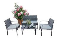 Relaxdays Conjunto de jardín de ratán para 4 Personas, Banco, 2 sillas y Mesa de Cristal, Gris, 78x106x58 cm