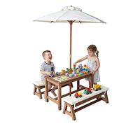 Relaxdays Conjunto de jardín Infantil con Mesa, Bancos, sombrilla y Cojines, Madera marrón, 50x89x44 cm