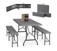 Relaxdays Conjunto Jardín Plegable, 3 Piezas, Mesa de Exterior, 2 Bancos de Patio, Camping o Recepción, 180 cm, Gris, 73 x 180 x 74 cm
