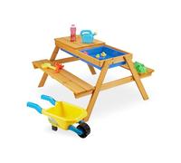 Relaxdays Conjunto Infantil 3 en 1: Mesa de Juegos, Cocina de Barro y Banco Picnic para jardín, 48,5x89x85 cm, Natural