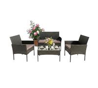 Relaxdays Conjunto jardín para 4, 4 Piezas, Efecto ratán, sofá 2 pl., 2 sillones, Mesa de Cristal, Exterior, Negro