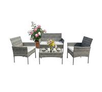 Relaxdays Conjunto jardín para 4, 4 Piezas, Efecto ratán, sofá 2 pl., Gris | 2 sillones, mesa de cristal, exterior