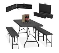 Relaxdays Conjunto Jardín Plegable, 3 Piezas, Mesa de Exterior, 2 Bancos de Patio, Camping o Recepción, 180 cm, Negro