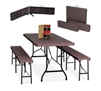 Relaxdays Conjunto Jardín Plegable, 3 Piezas, Mesa de Exterior, 2 Bancos de Patio, Camping o Recepción, 180 cm, Marrón