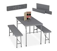 Relaxdays Conjunto Jardín Plegable, 3 Piezas, Mesa de Exterior, 2 Bancos Patio, Camping o Recepción, Efecto Ratán, Gris, Acero, 74 x 120 x 61 cm, 2