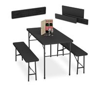 Relaxdays Conjunto Jardín Plegable, 3 Piezas, Mesa de Exterior, 2 Bancos Patio, Camping o Recepción, Efecto Ratán, Negro, Acero, 73 x 120 x 61 cm