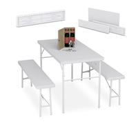 Relaxdays Conjunto Jardín Plegable, 3 Piezas, Mesa de Exterior, 2 Bancos Patio, Camping, Recepción, Efecto Ratán, Blanco, 73 x 120 x 61 cm
