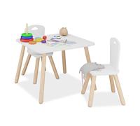 Relaxdays Mesa y 2 Sillas Infantiles, Conjunto Mobiliario Niños 3 Piezas, Set Muebles Dormitorio, Blanco y Natural, Tablero de Fibras, Madera, 43,5 x 59 x 60 cm