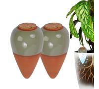 Relaxdays conos cerámicos para riego, 2 uds, 350 ml, con tapa, para plantas de interior y balcones, terracota/salvia