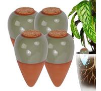 Relaxdays conos de arcilla para riego, 4 uds, 350 ml, con tapón de corcho, para interior y jardineras, terracota/salvia