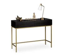 Relaxdays Consola Recibidor, 2 Cajones, Sideboard, Mesita Pasillo, Salón, Madera y Metal, 80x110x40 cm, Negro y Dorado
