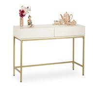 Relaxdays Consola Recibidor, 2 Cajones, Sideboard, Mesita Pasillo, Salón, Madera y Metal, 80x110x40 cm, Blanco y Dorado